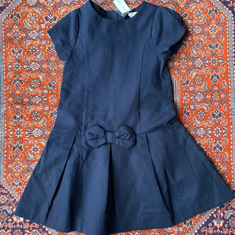 NWT Jacadi Paris Classic & Elegant Pleated Drop Waist Dress Navy Blue - Picture 2 of 14